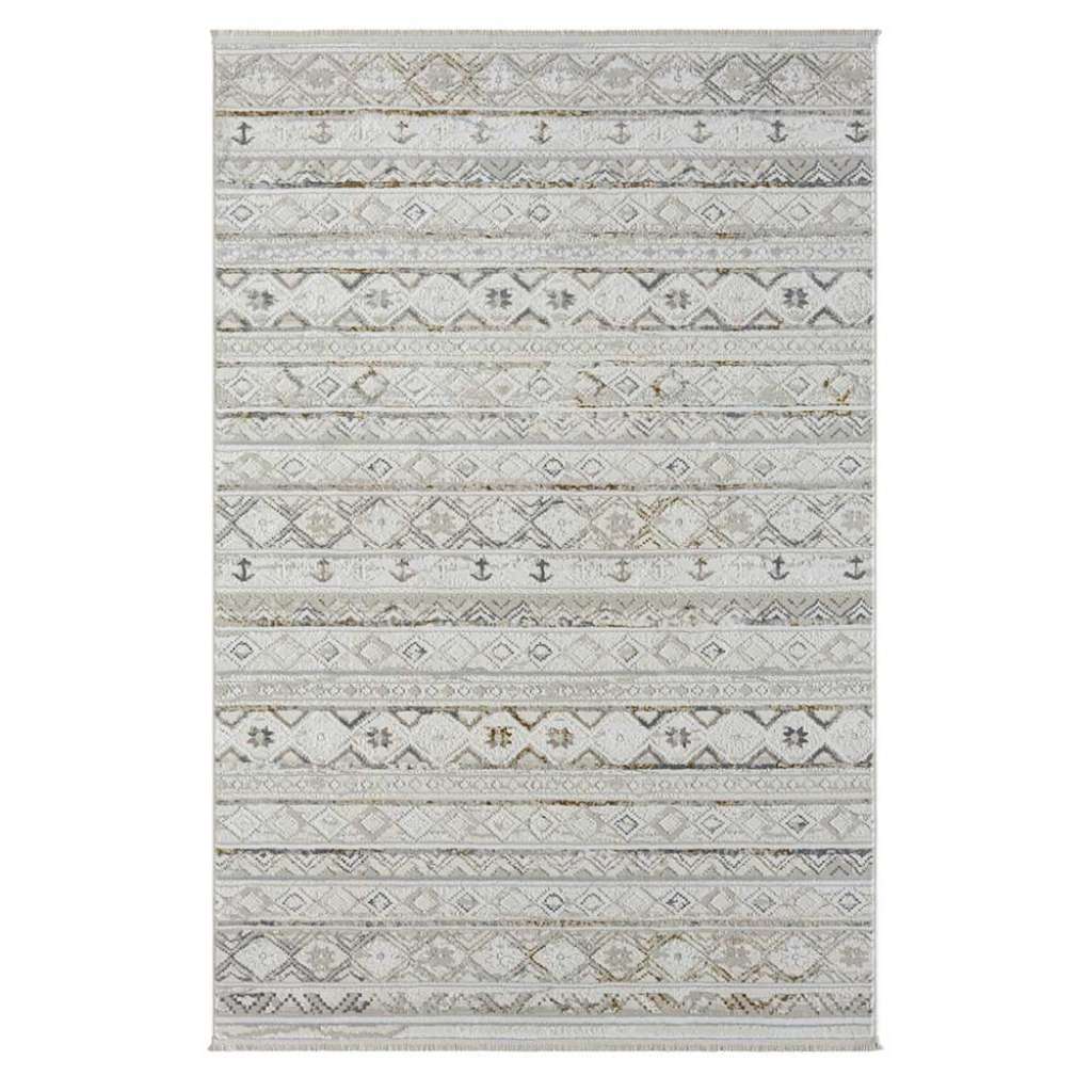 Landhaus Stil Teppich mit Ethno Muster Hellgrau und Creme