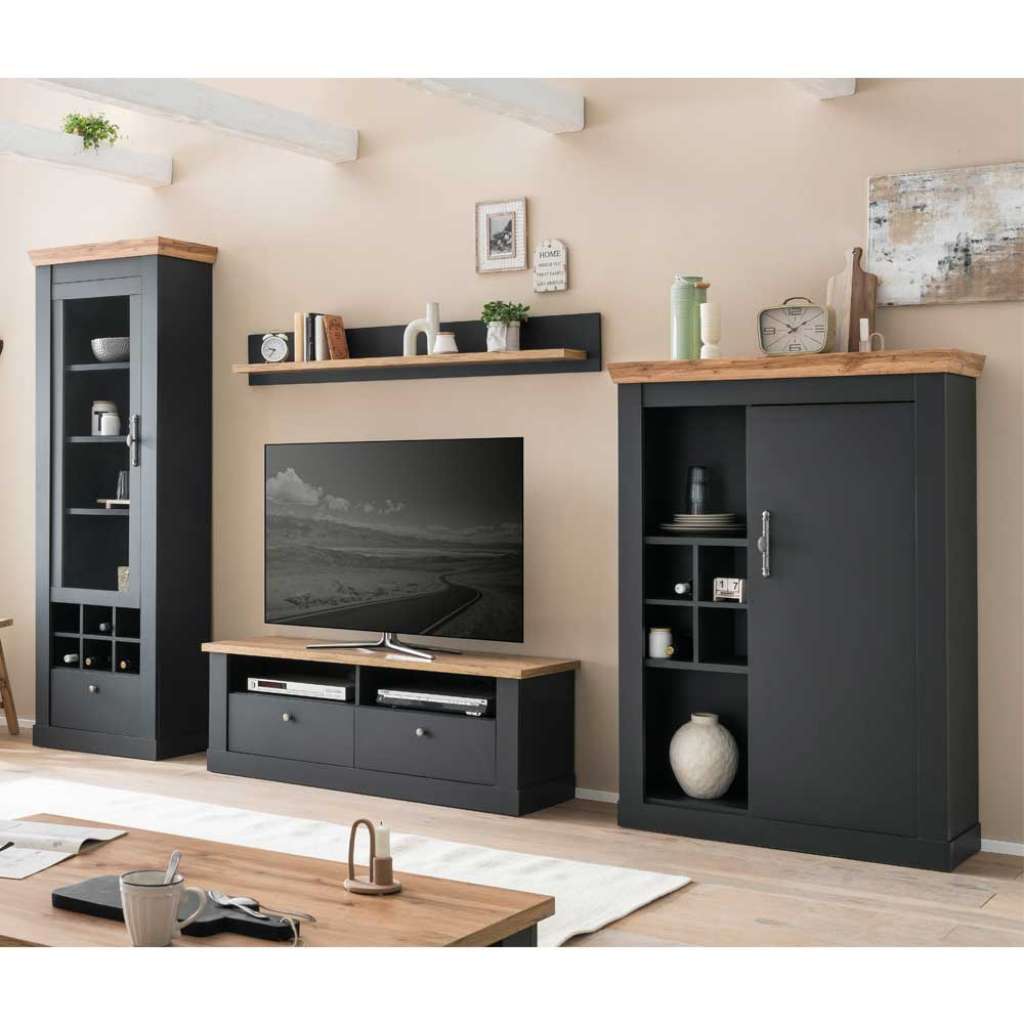Landhaus Stil TV Wohnwand in Anthrazit Wildeichefarben (vierteilig)
