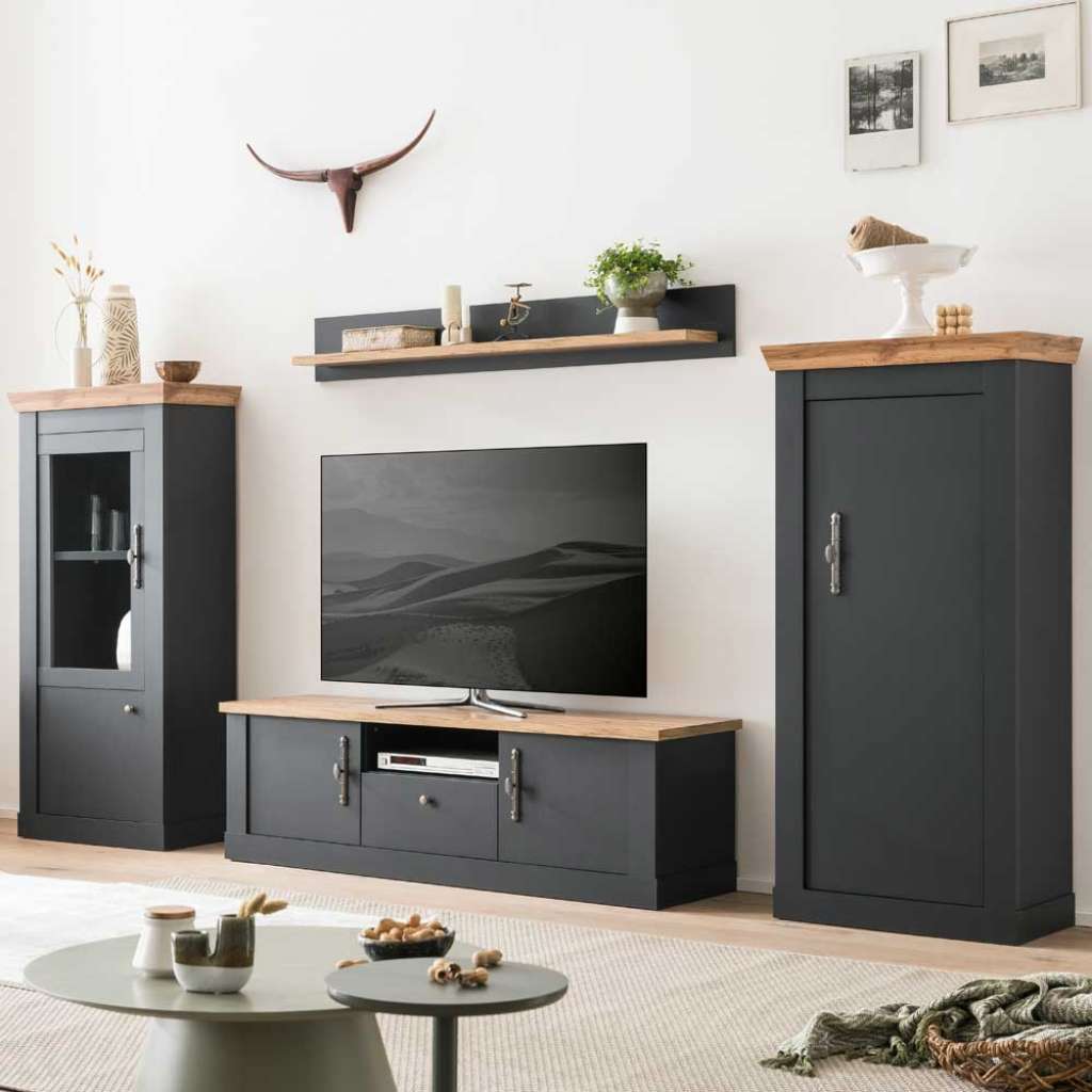 Landhaus Stil Anbauwand in Anthrazit Wildeichefarben (vierteilig)