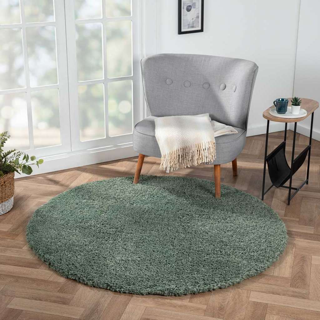 Shaggy Teppich Langflor in Grün 150 cm Durchmesser