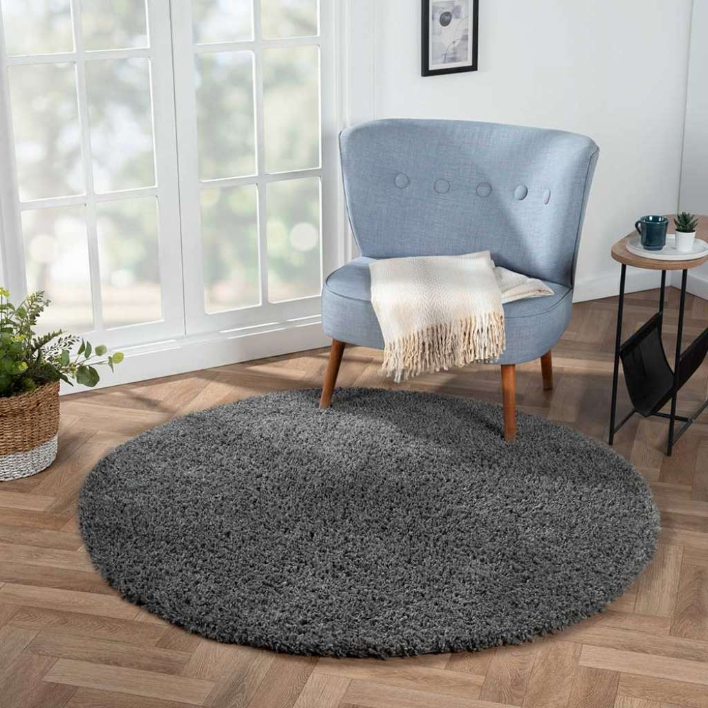 Runder Shaggy Teppich Grau 150 cm Durchmesser modernem Design