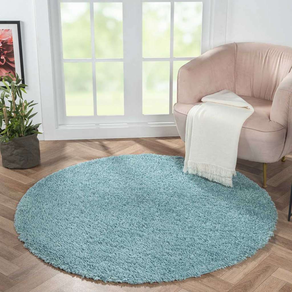 Hellblauer Shaggy Teppich rund in modernem Design 150 cm Durchmesser