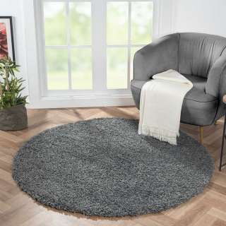 Hochflor Teppich Shaggy rund in Dunkelgrau 150 cm Durchmesser