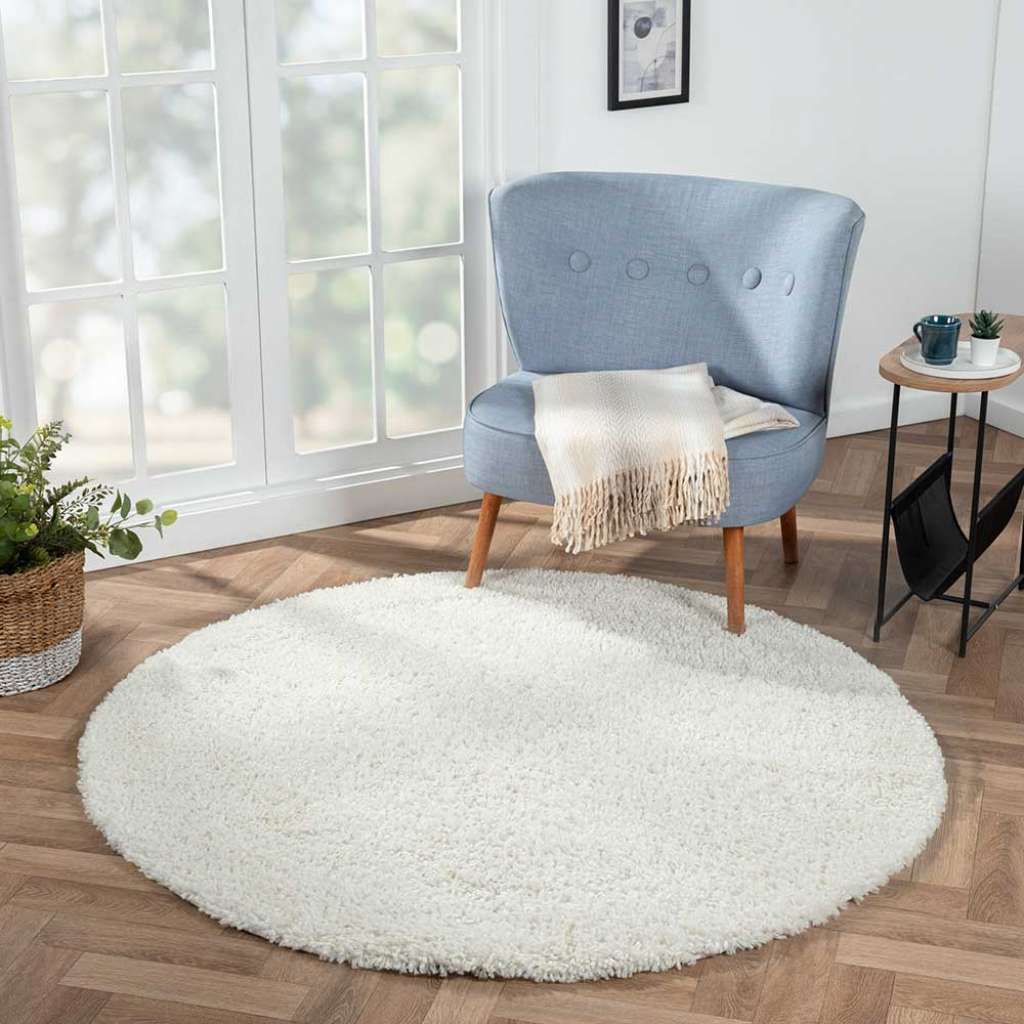 Runder Shaggy Teppich in Cremeweiß 150 cm Durchmesser