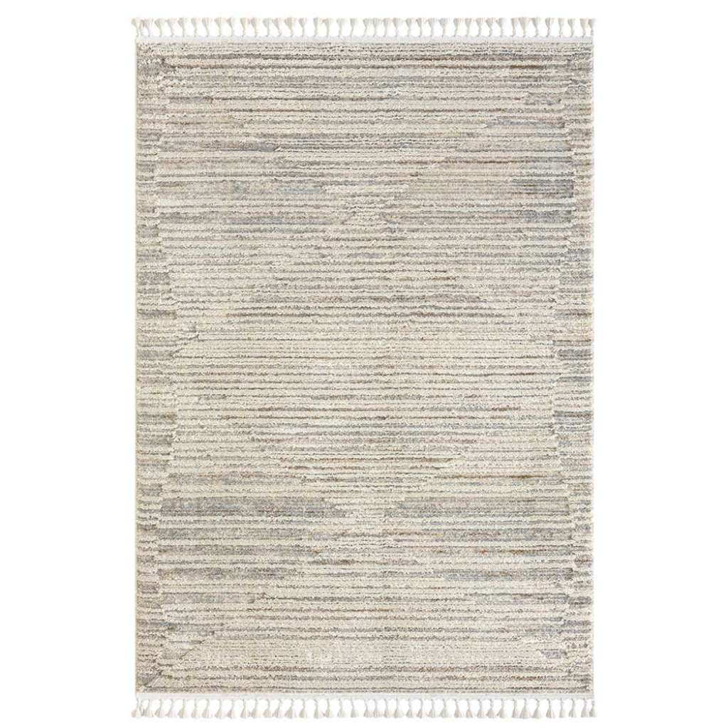 Skandistil Teppich in Cremefarben & Hellgrau mit Fransen