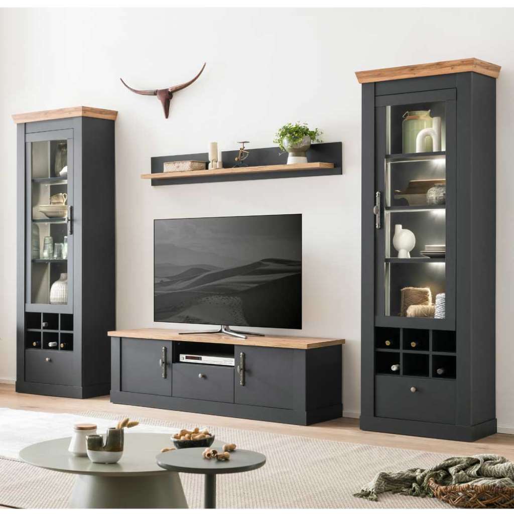 Anbauwand Landhaus Stil in Anthrazit Wildeichefarben (vierteilig)