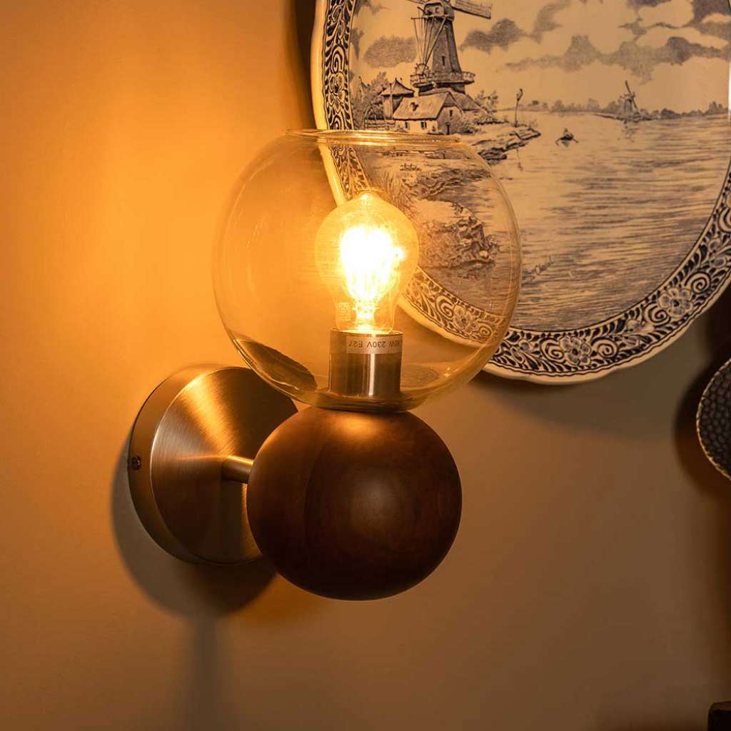 Retro Stil Wandleuchte in Walnussbraun und Silberfarben 29 cm hoch