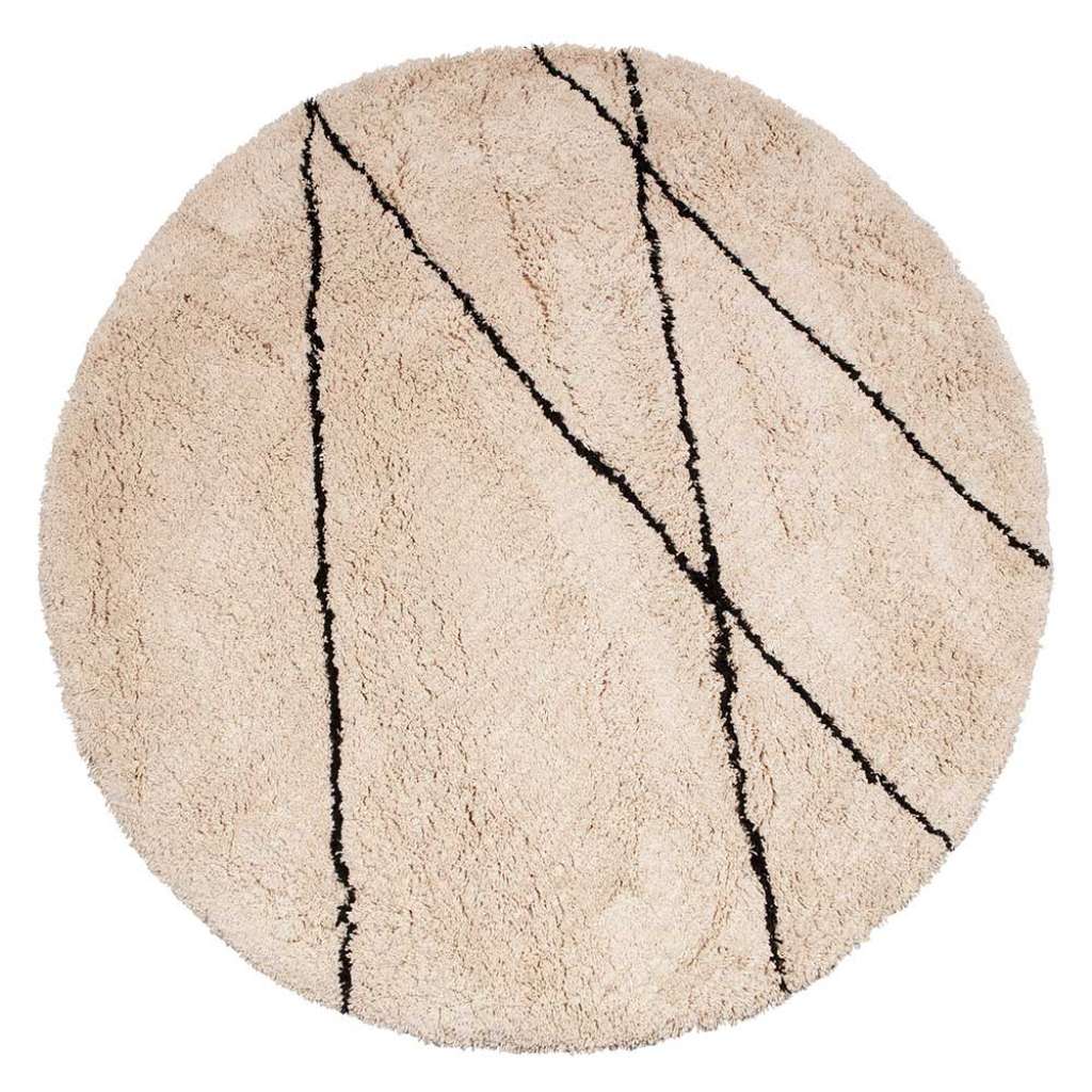 Runder Hochflor Teppich in Offwhite und Schwarz geometrischem Muster