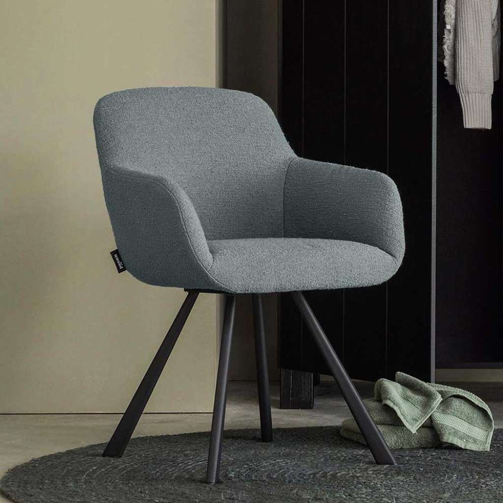 Esszimmerarmlehnstuhl aus Boucle Stoff und Metall 49 cm Sitzhöhe