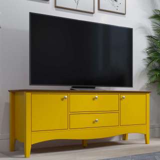 Gelbes TV-Lowboard mit Deckplatte aus Kiefer Massivholz 140 cm breit