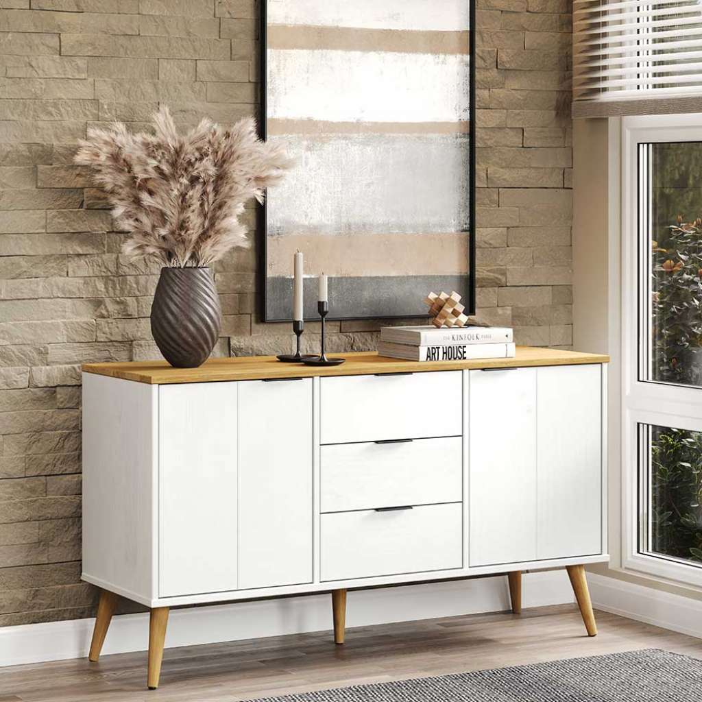 Skandi Stil Sideboard in Kiefer Honigfarben und Weiß 130 cm breit