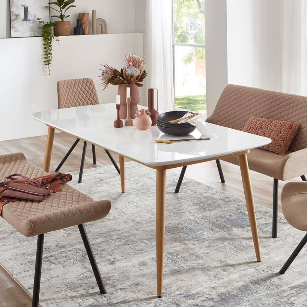 Esszimmer Tisch Skandi Stil in Weiß Hochglanz Eichefarben