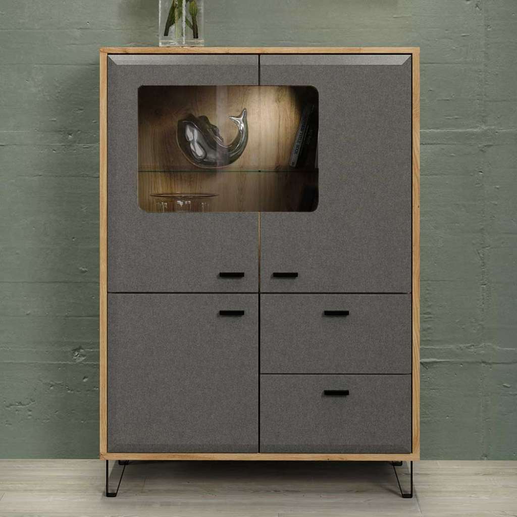 Moderne Vitrine Dunkelgrau Filz Optik und Wildeiche NB 138 cm hoch