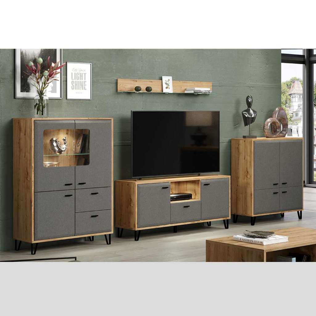 Moderne Design Wohnwand in Dunkelgrau Filzoptik Wildeichefarben (vierteilig)