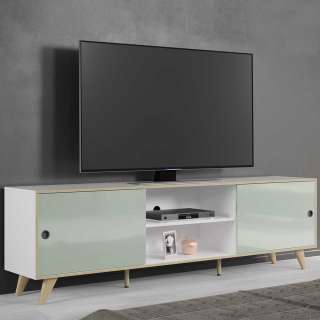 Skandi Stil TV Lowboard in Weiß und Mintgrün Hochglanz 217 cm breit