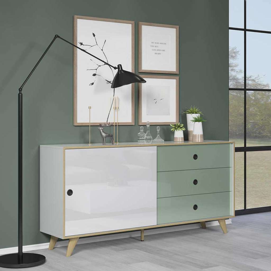 Hochglanz Sideboard in Weiß und Mintgrün Skandi Design