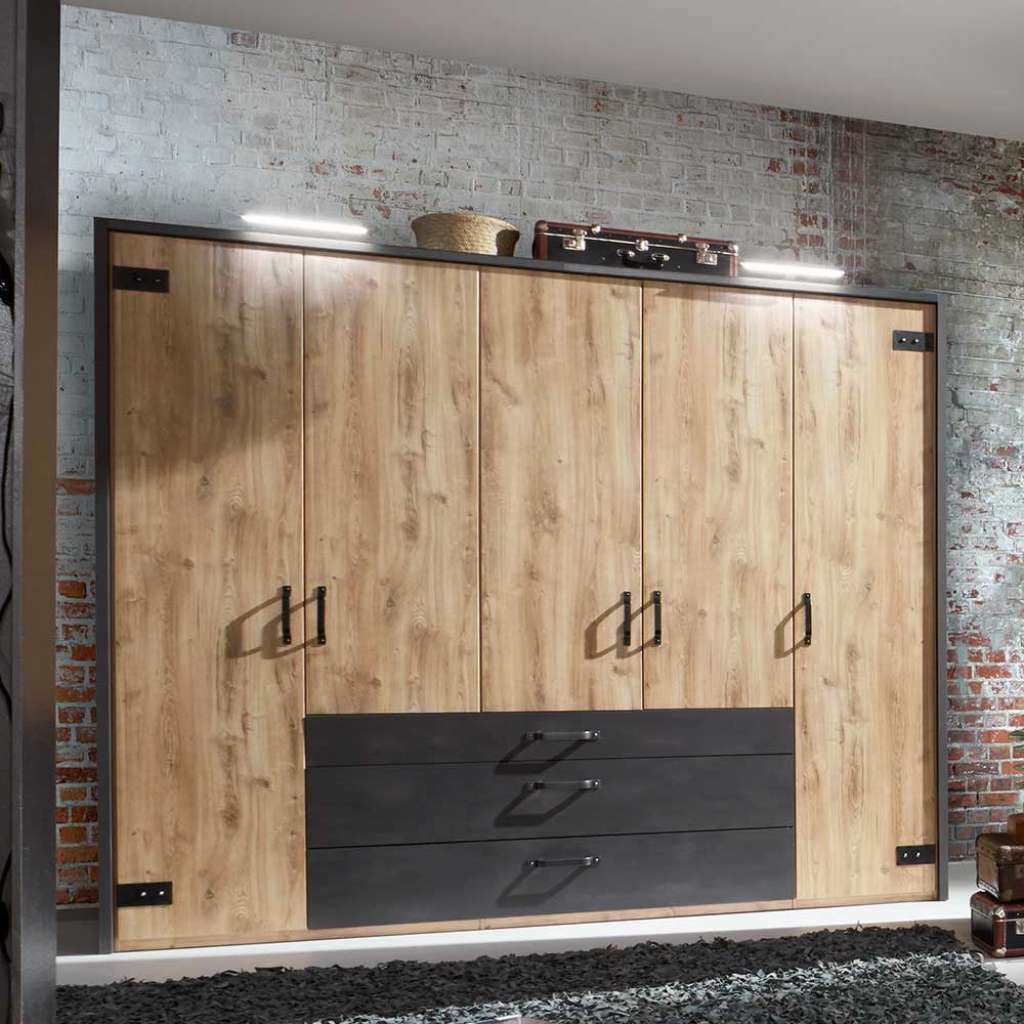 Moderner Drehtürenschrank mit drei Schubladen Metallgriffen