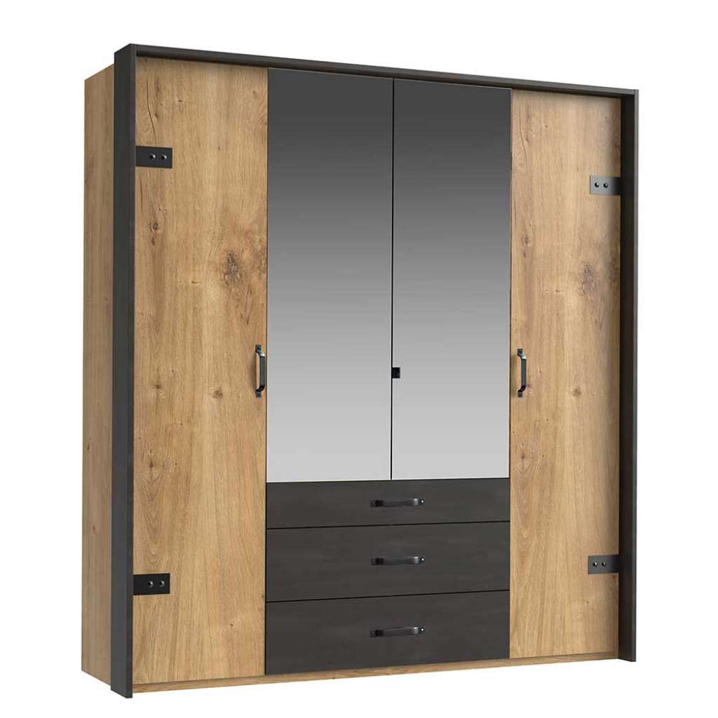 Drehtürenkleiderschrank 4-türig im Industry und Loft Stil drei Schubladen