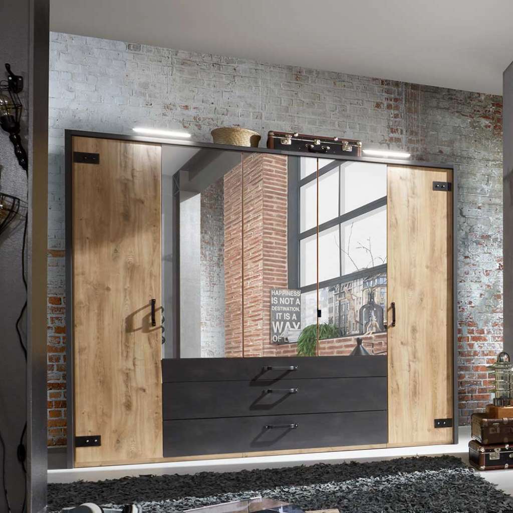 Kleiderschrank 5-türig modern im Industry und Loft Stil drei Schubladen