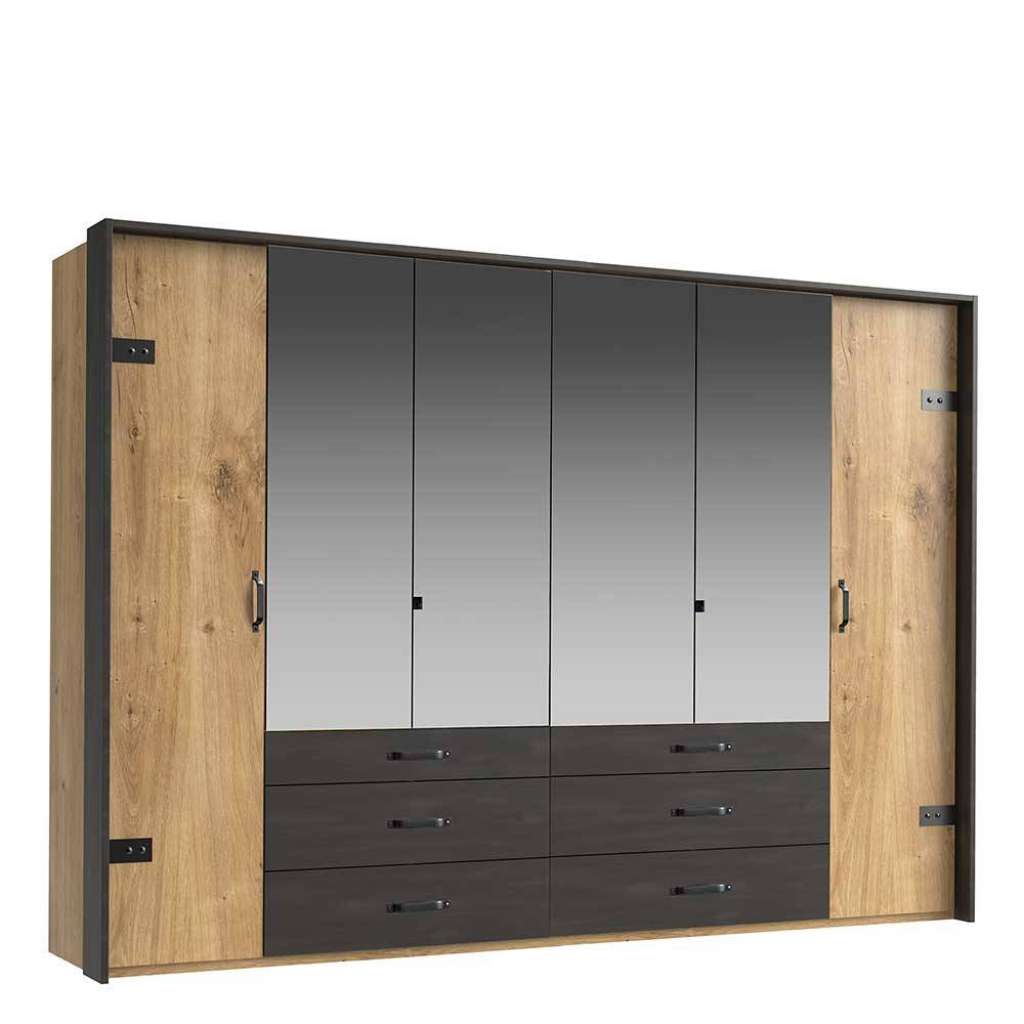 Kleiderschrank mit Spiegeln in Plankeneiche Holzoptik Schwarzgrau