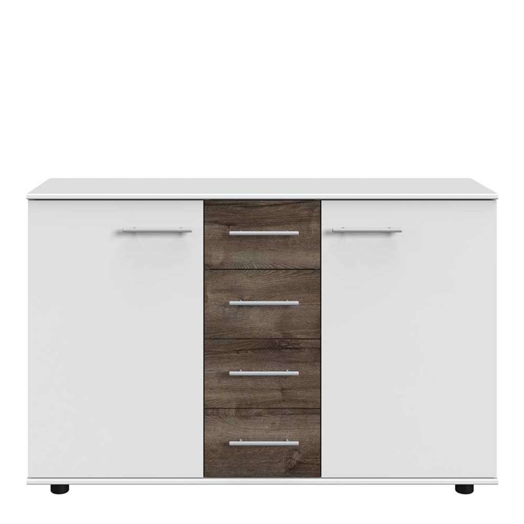 Kommode mit Schubladen und Türen in Weiß und Eiche dunkel 130 cm breit