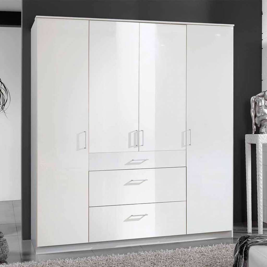 Schlafzimmerkleiderschrank Hochglanz in Weiß drei Schubladen und vier Türen