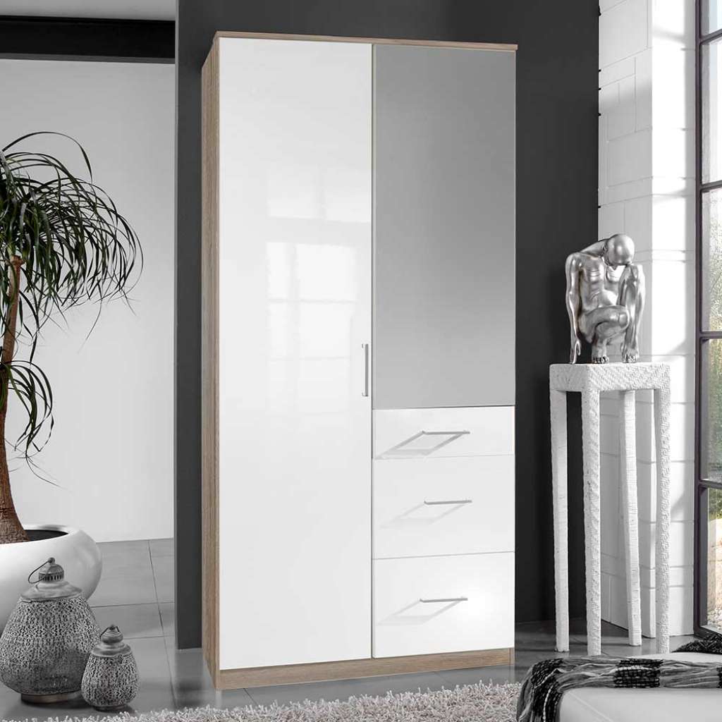 Kleiderschrank Jugendzimmer in Eiche Sägerau und Weiß Hochglanz 91 cm breit
