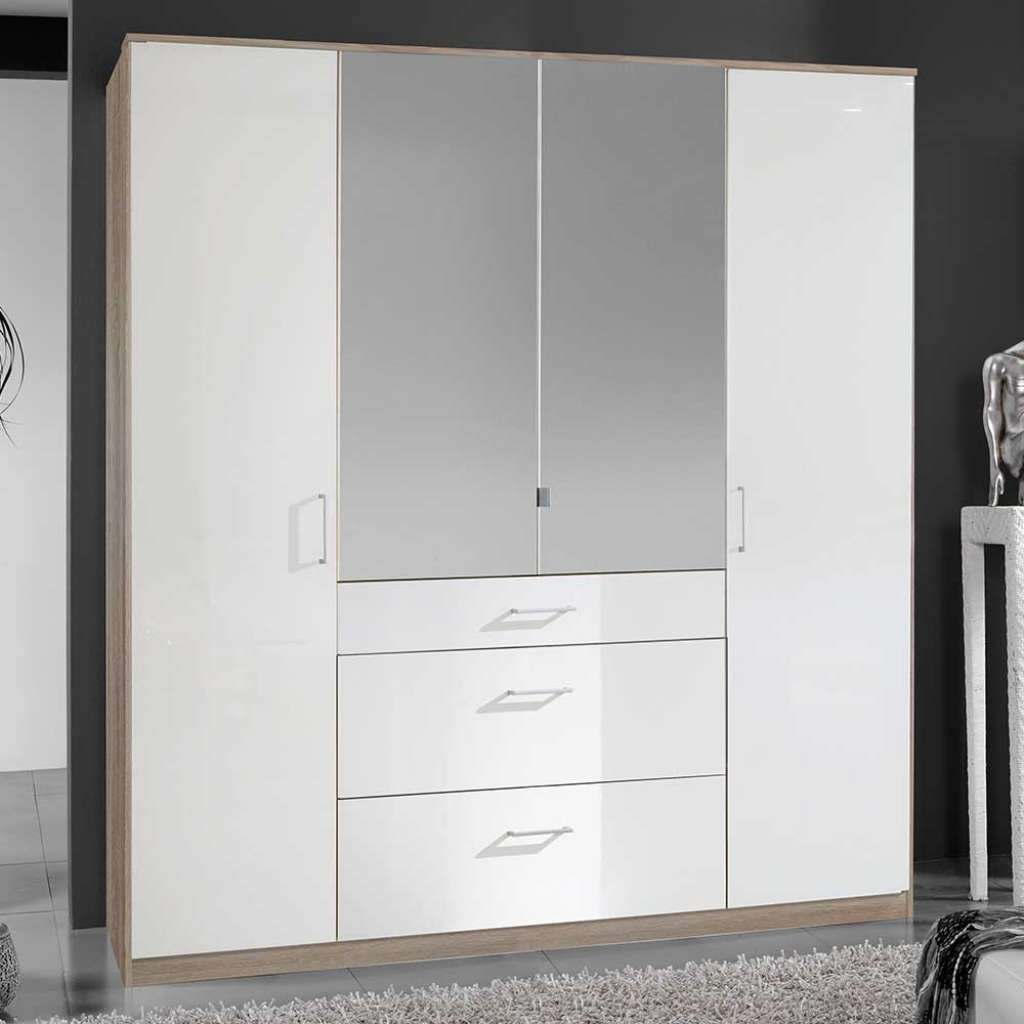 Kleiderschrank mit Schubladen in Weiß Hochglanz Eiche Sägerau