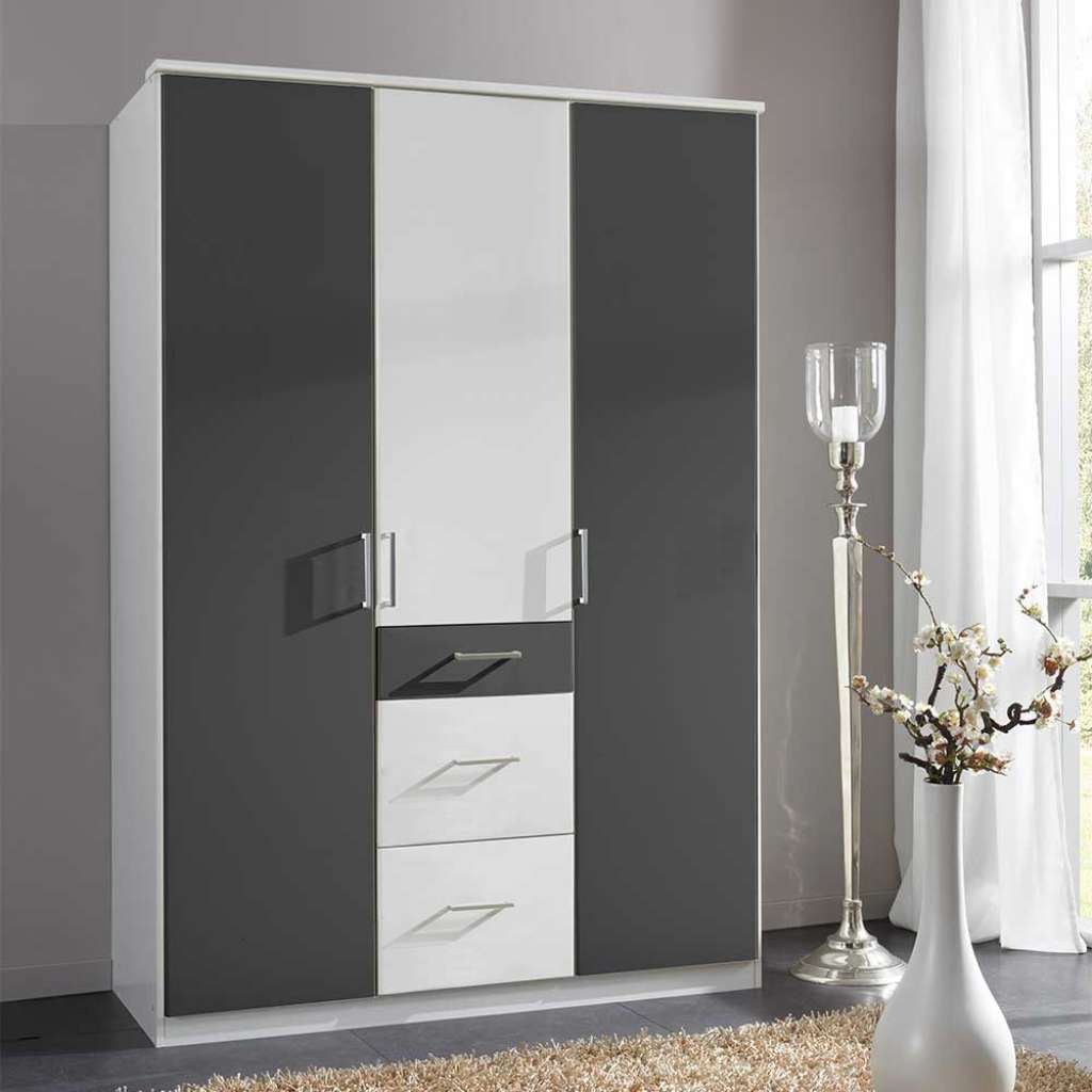 Drehtürschrank Schlafzimmer in Dunkelgrau und Weiss Metallgriffen