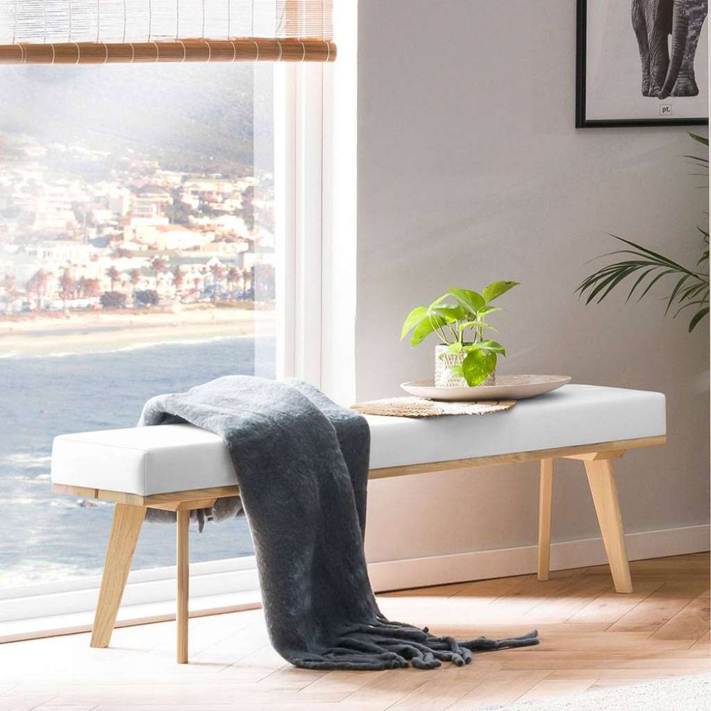 Skandi Stil Holzbank massiv in Eiche Bianco 140 cm Breite