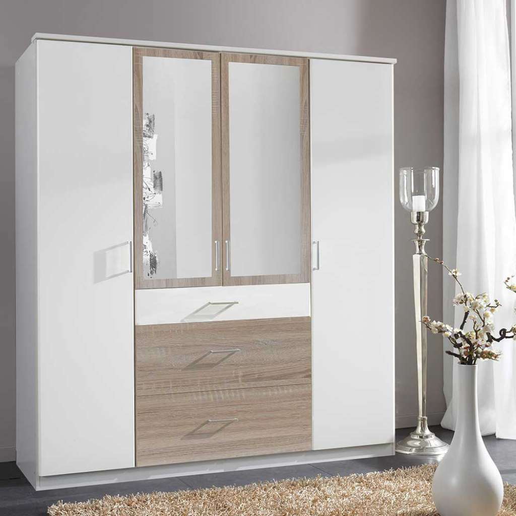 Moderner Kleiderschrank mit Spiegel in Eiche Sägerau und Weiß Made in Germany