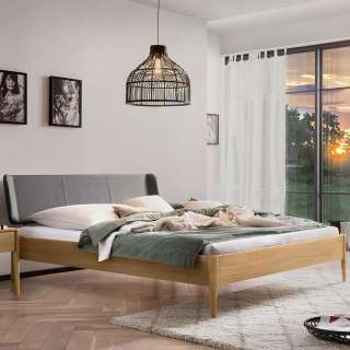 Doppelbett Eiche hell geölt mit Polsterkopfteil Dunkelgrau