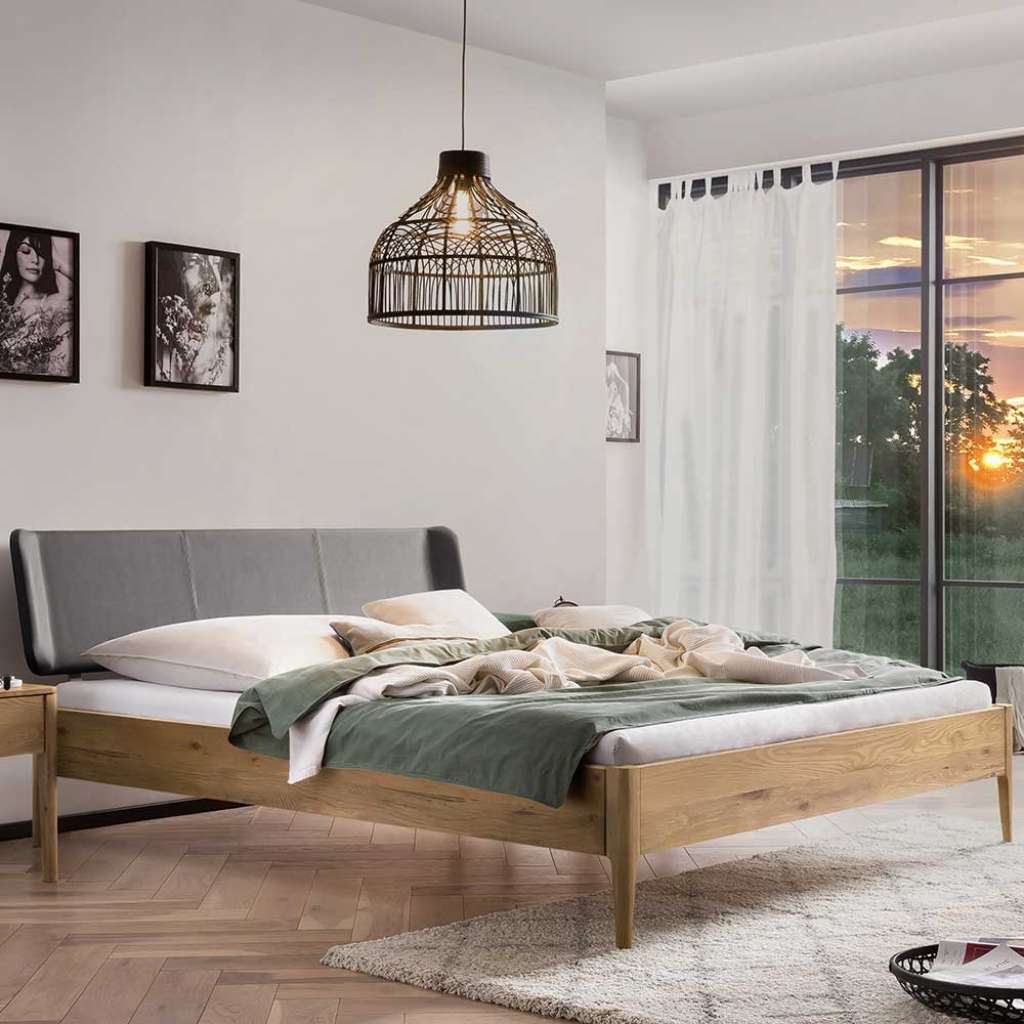 140x00 cm Bett Wildeiche geölt mit Polsterkopfteil in Dunkelgrau