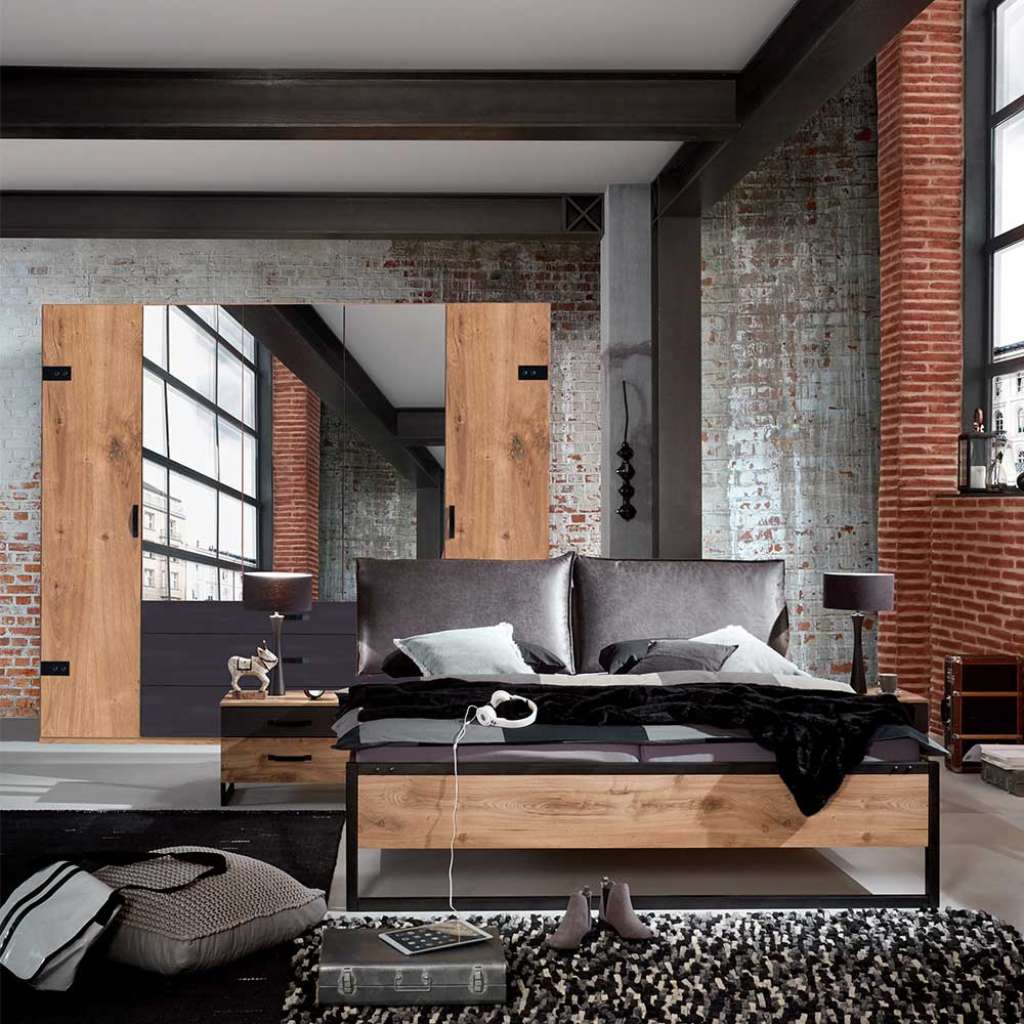 Komplettschlafzimmer Industriestil in Plankeneiche NB Schwarzgrau (vierteilig)