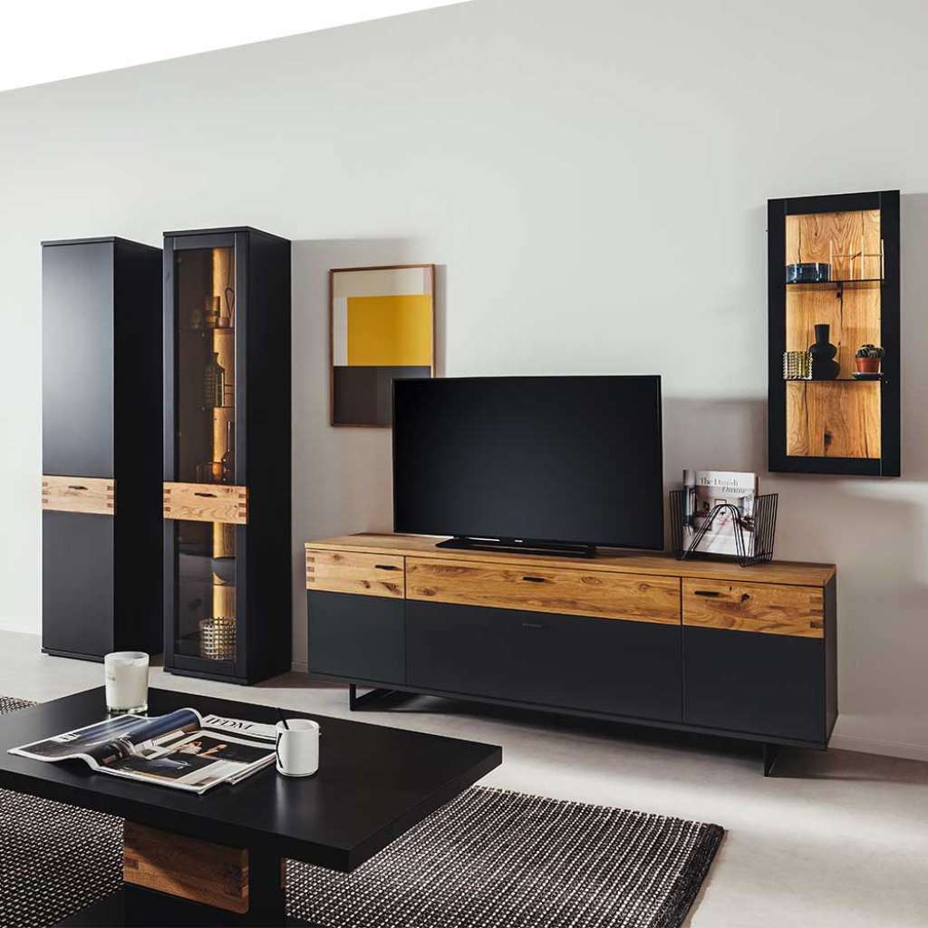 Hochwertige Wohnzimmeranbauwand in Wildeichefarben Schwarzgrau (vierteilig)