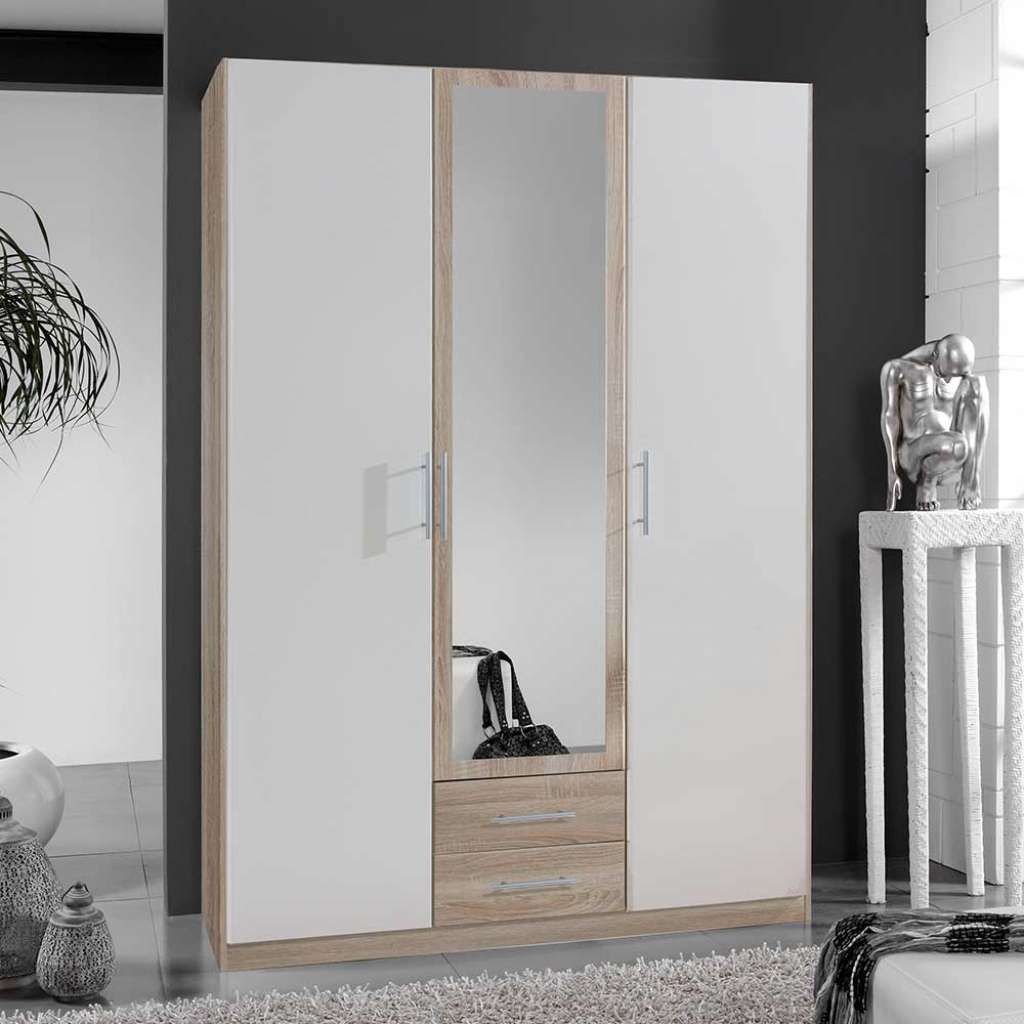 Schlafzimmerschrank zweifarbig in Eiche Sägerau und Weiß Spiegeltür