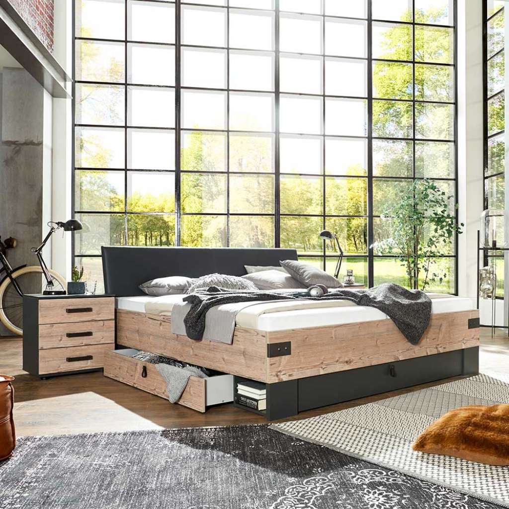 Schubladenbett im Industry und Loft Stil Tannenfarben und Dunkelgrau