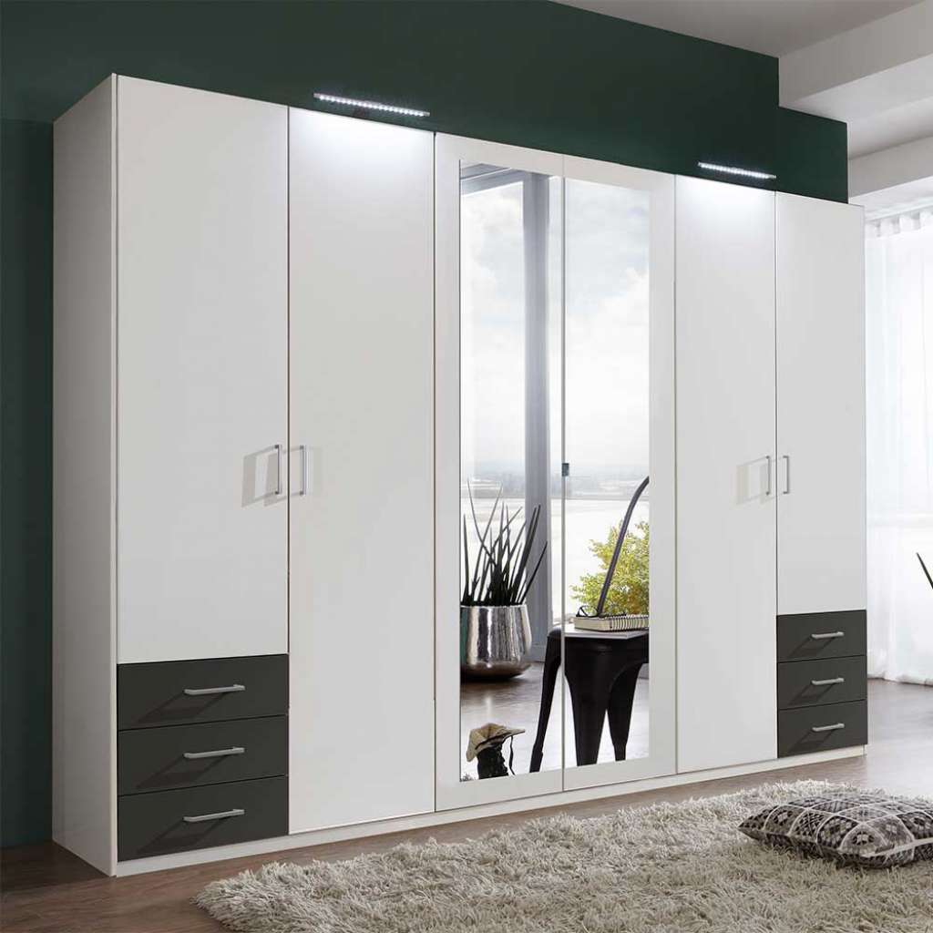 XL Schlafzimmerkleiderschrank in Weiß und Dunkelgrau Spiegeltüren