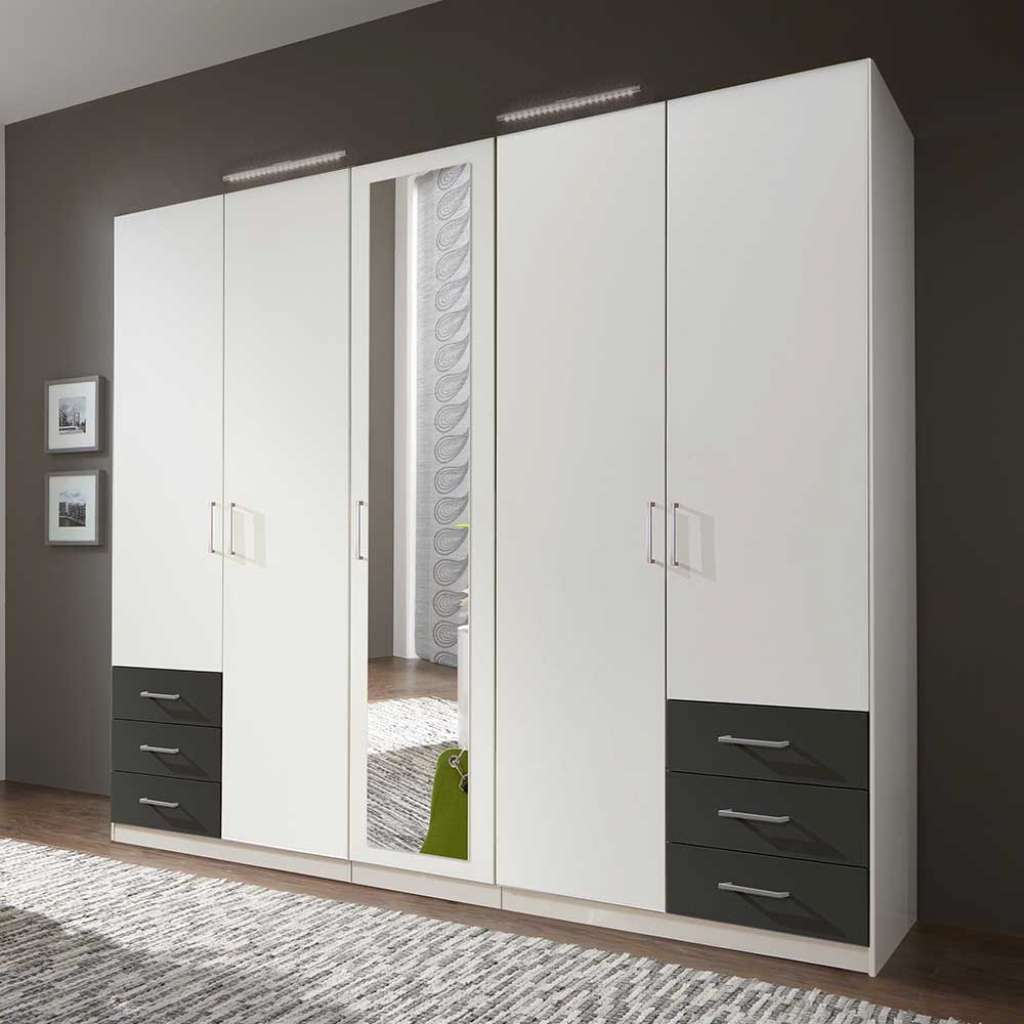 Großer Kleiderschrank mit Spiegel und sechs Schubladen 225 cm breit