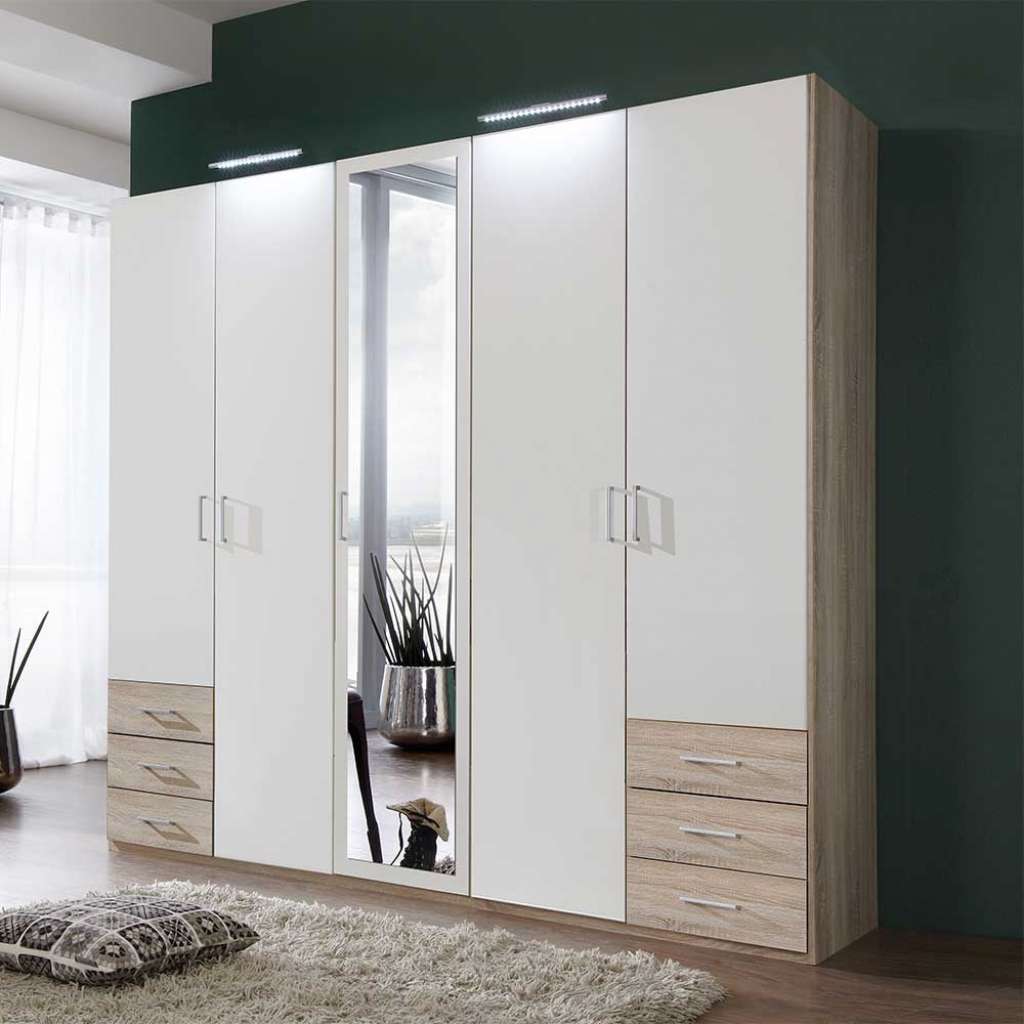 Drehtürenschrank Schlafzimmer in Weiß Eiche Sägerau Holzoptik