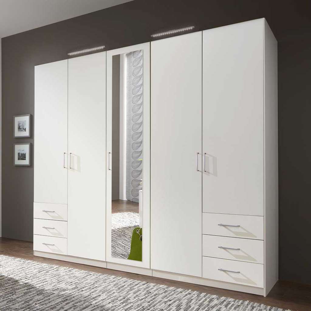 Kleiderschrank weiß Spiegel mit sechs Schubladen 225 cm breit