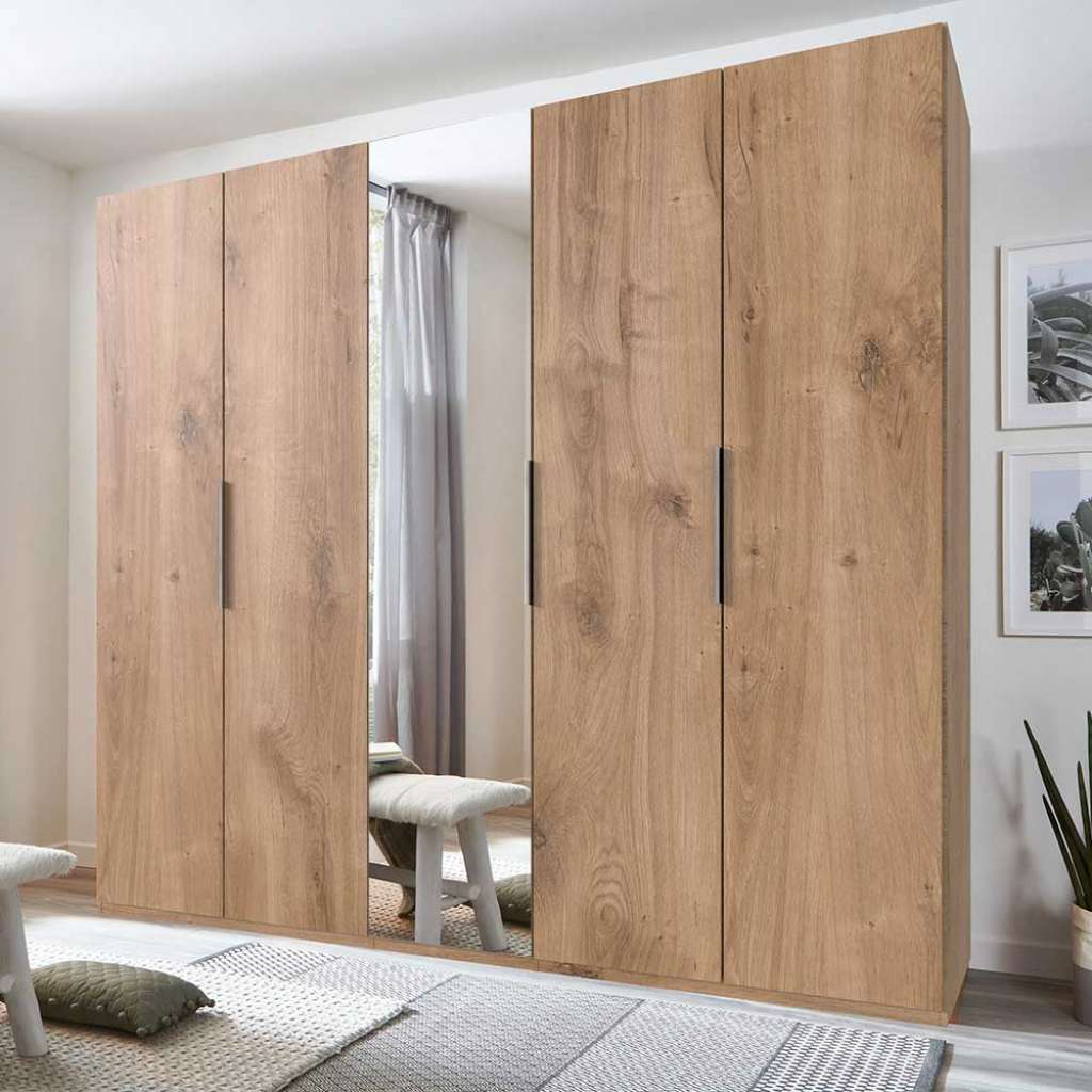 5-türiger Kleiderschrank in Plankeneiche Holzoptik Spiegeltür