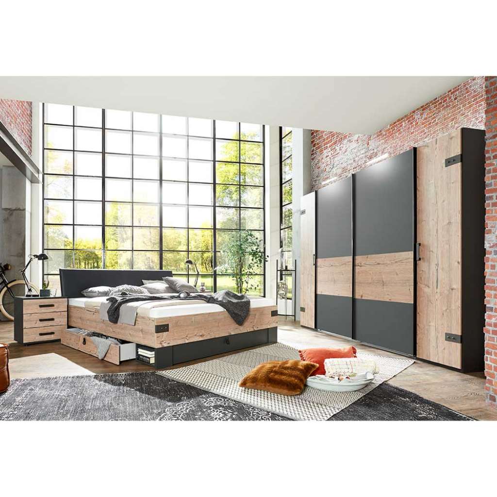 Schlafzimmer Set Industrial in Tannenfarben Dunkelgrau (vierteilig)
