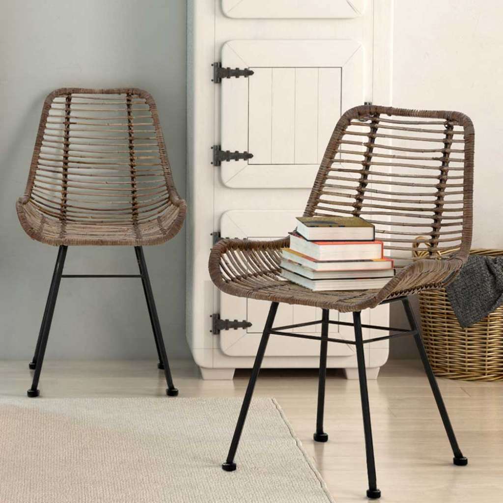 Rattan Stühle in Beigegrau und Schwarz 46 cm Sitzhöhe (2er Set)