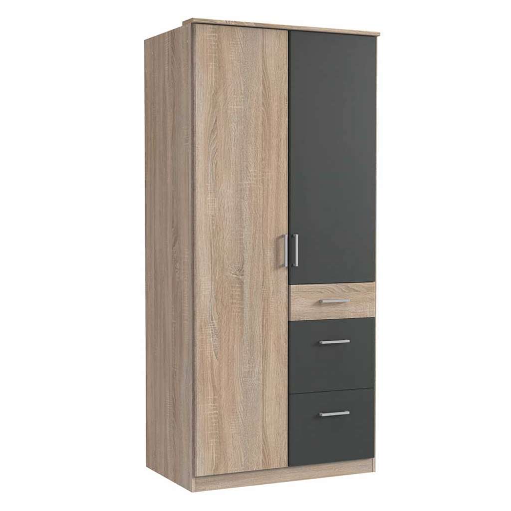Kleiderschrank mit drei Schubladen in Eiche Sägerau Dunkelgrau