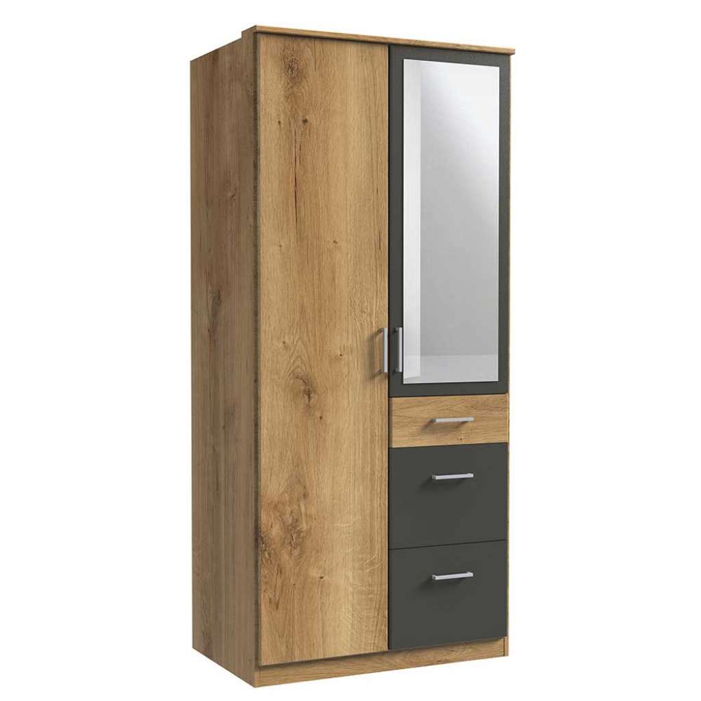 Kleiderschrank mit Schubladen und Spiegel in Plankeneiche NB Dunkelgrau