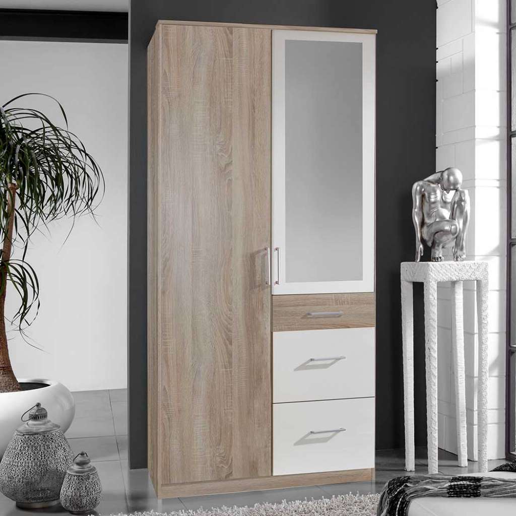 Schlafzimmerschrank mit Schubladen in Eiche Sägerau und Weiß 199 cm hoch