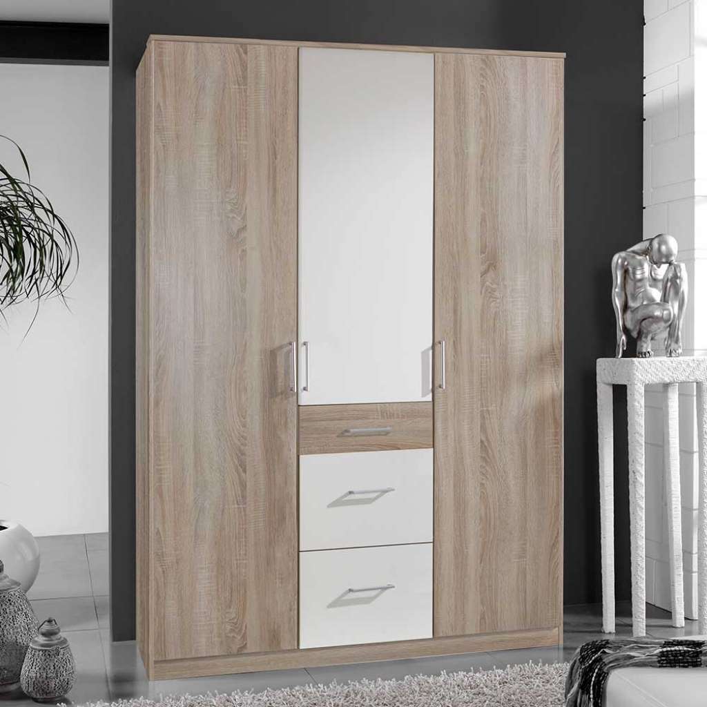 Kleiderschrank modern in Eiche Sägerau und Weiß drei Schubladen