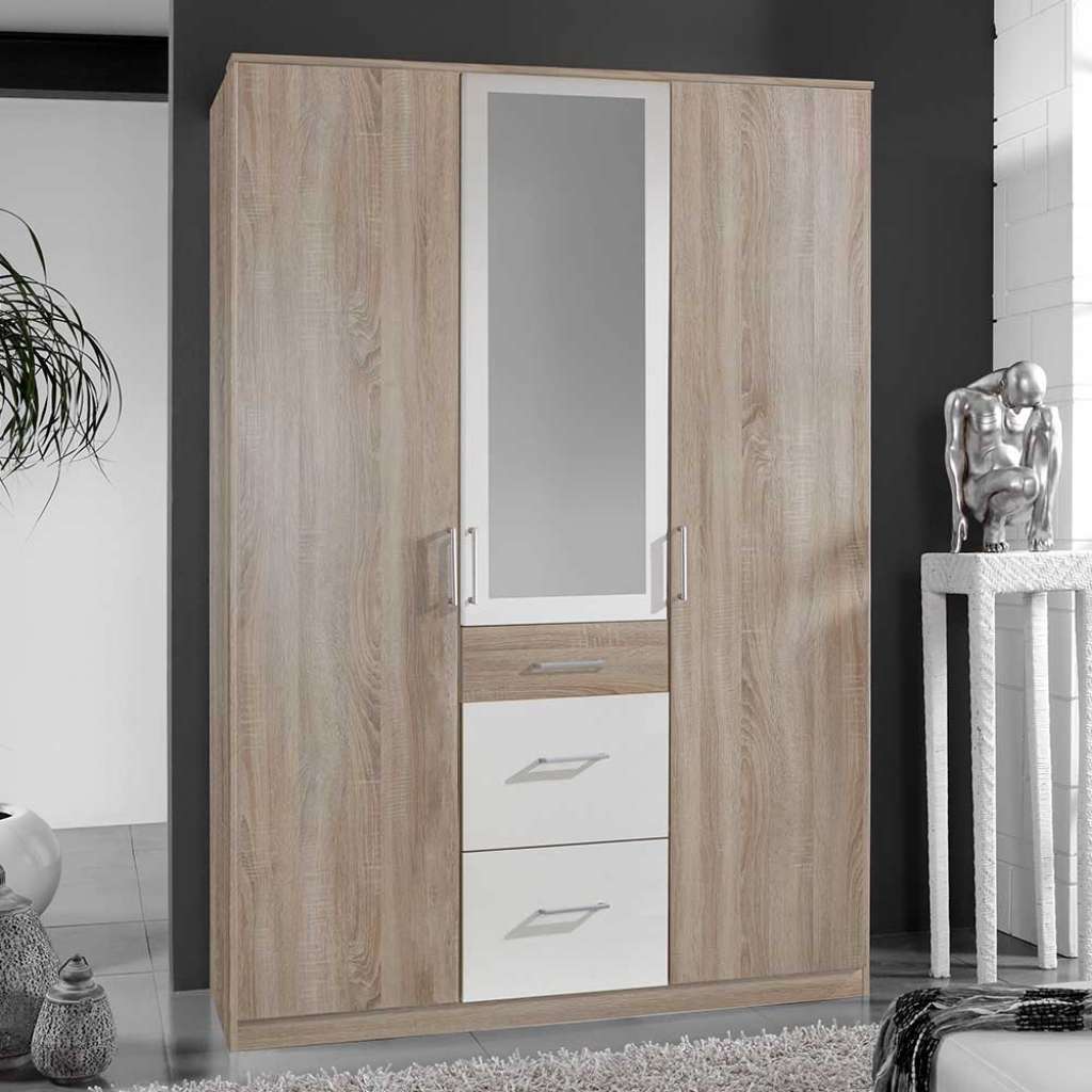 Schlafzimmerkleiderschrank mit Spiegel in Eiche Sägerau Weiß