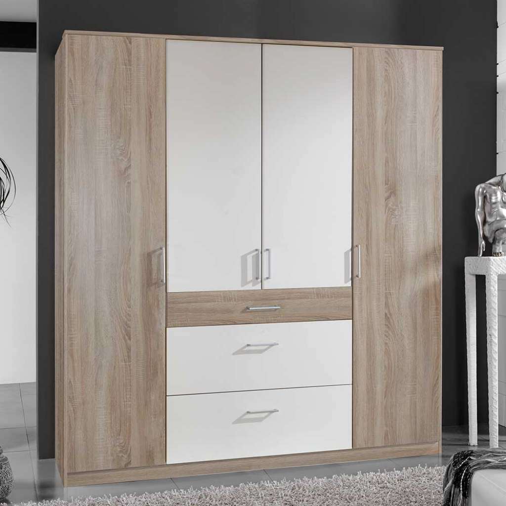 Drehtürenkleiderschrank in Eiche Sägerau und Weiß drei Schubladen
